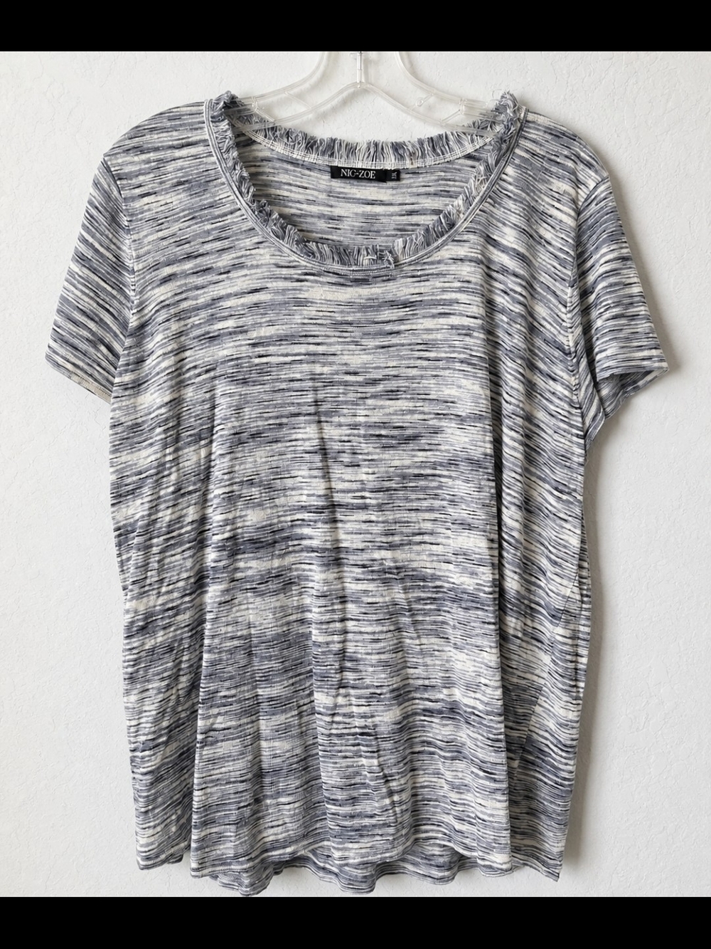 NIC+ZOE Gray and White Space-Dye Short Sleeve Tee with Fringe Neckline